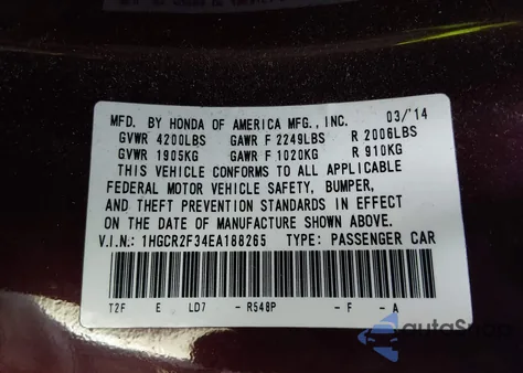 2014 Honda Accord Lx из США, поврежденный, VIN 1HGCR2F34EA188265